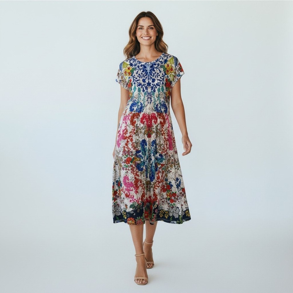 Johnny Was Midi Dress Women Large Multi Color Good Floral Boho Short Sleeve